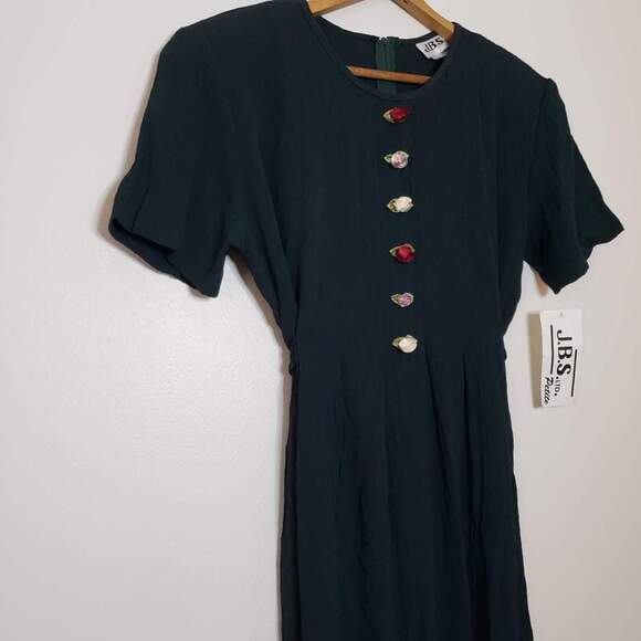 Deadstock Vintage 90s Short Sleeve Midi Dress Green Rosebud Embellishments 10P - Picture 6 of 11